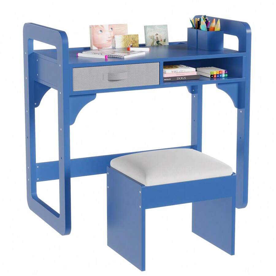 Gaderth Kids Desk And Chair Set, Wood Study Desk With Chair, Height Adjustable Student Writing Table With Drawers & Pen Holder For Bedroom, Study Room - Blue - View 1