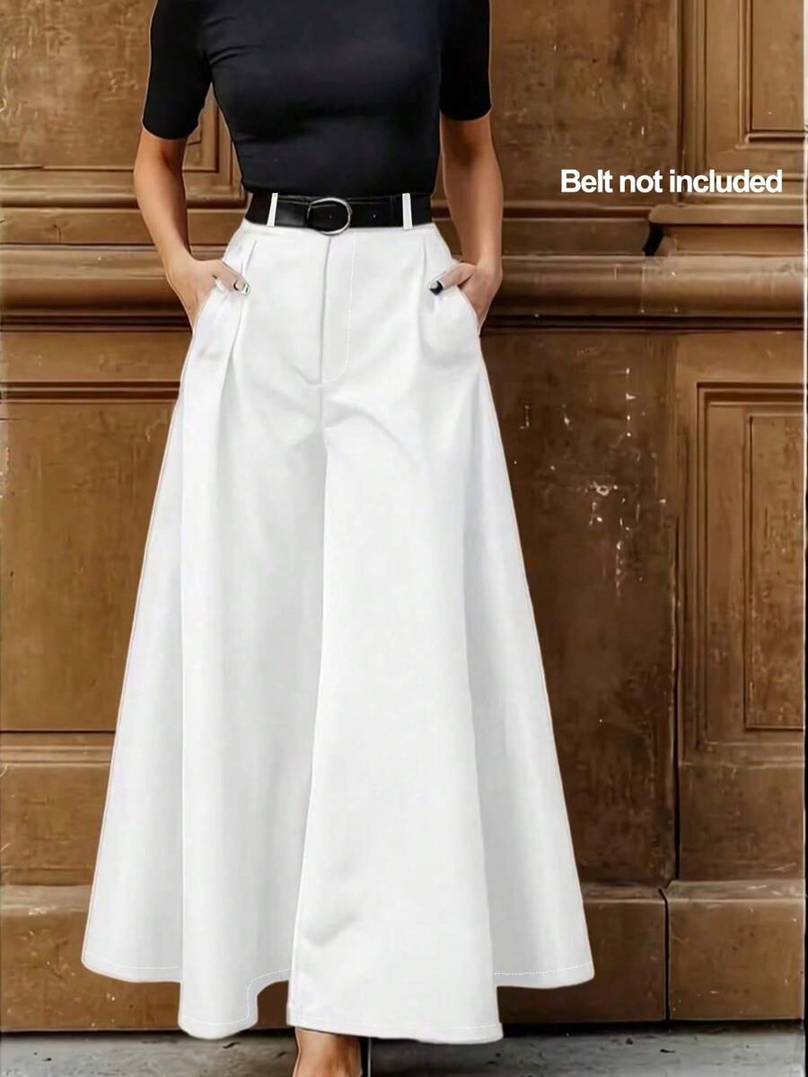 Quần ống rộng xếp ly màu trơn dành cho nữ, có túi xéo, kiểu dáng thường ngày, đa năng, màu trắng, thích hợp cho mùa xuân. - trắng - Xem 1