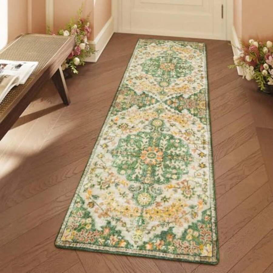 Reine Bohemian 2x6 Washable Hallway Runner Rug Kitchen Runner Rugs Non Skid Washable Floral Medallion Soft Bathroom Carpet Runners for Laundry Room Bedroom Foyer Entryway Yellow/Green/Multi - Amarillo/Verde/Multicolor - Ver 1