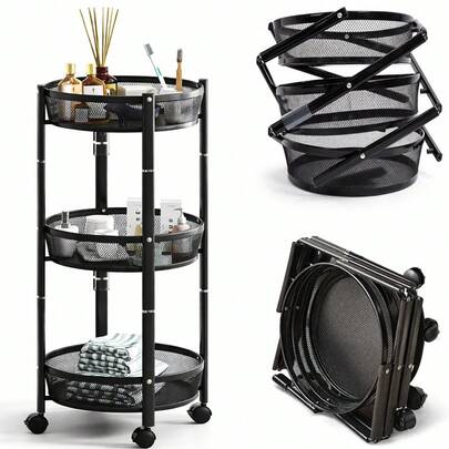 Bakaji Carrello Pieghevole Salvaspazio Tondo a 3 Ripiani in Metallo, Carrellino Richiudibile Ergonomico Rotondo, Organizer 88 x 35 cm Ideale per Bagno, Cucina, Ufficio con 4 Ruote