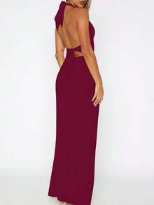 Women's Solid Color Tie-Up Backless Spaghetti Strap Ruched Long Dress, Sexy & Elegant Party Evening Gown - 酒紅色 - 查看 7