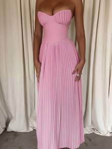 Romantic Sexy Women's Sleeveless Pleated Maxi Dress, Strapless Knit Ruched Gown - Pink - View 7
