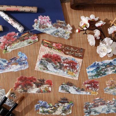 6 Packs, 10 Sheets/Pack, Chinese Ancient Garden Stickers, Summer Palace & Jinxiu Garden Stickers, Watercolor Chinese Landscape Stickers For Scrapbooking