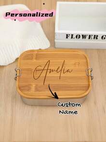 Hộp cơm trưa cá nhân hóa có tên, hộp cơm trưa tùy chỉnh cho nam và nữ, hộp đựng bánh mì bằng thép không gỉ, hộp đựng đồ ăn nhẹ nắp gỗ, hộp đựng thức ăn, hộp cơm cho trẻ mẫu giáo. - Nhiều màu - Xem 1