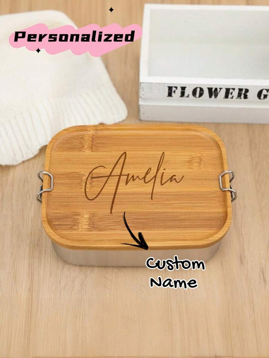 Hộp cơm trưa cá nhân hóa có tên, hộp cơm trưa tùy chỉnh cho nam và nữ, hộp đựng bánh mì bằng thép không gỉ, hộp đựng đồ ăn nhẹ nắp gỗ, hộp đựng thức ăn, hộp cơm cho trẻ mẫu giáo. - Nhiều màu - Xem 1