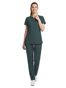 2pcs/Set Women Nurse Uniform Set, Top + Pants With Pockets, Nursing Surgical Room Work Clothes, Beauty Salon Work Wear - Green - View 4