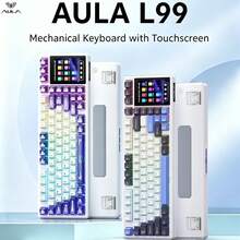 AULA L99 75% 定制机械键盘，配备 IPS 触摸屏，支持三种连接方式（Type-C 有线/2.4G/蓝牙 5.0），RGB 背光，PBT 键帽，六层隔音软垫，8000mAh 长续航电池，支持热插拔轴体。 - 查看 3