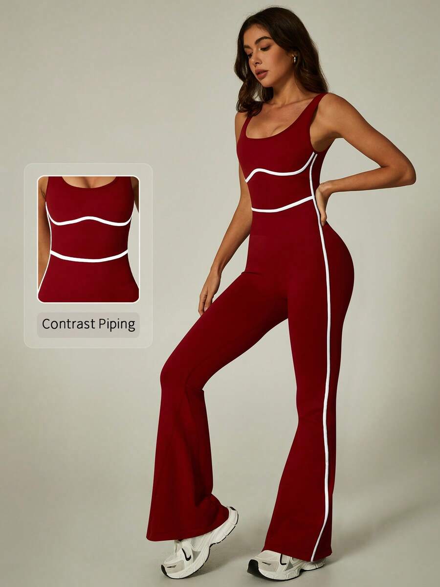NcmRyu 1pc Women Striped Contrast Color Round Neck Jumpsuit Sports - Red - View 1