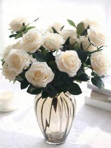 9 pièces Bouquet de roses en soie artificielle, convient pour la maison, le bureau, les fêtes, la décoration de mariage, le jardin, centre de table de mariage, décoration de mariage, fleur artificielle, glace claire de jardin, plante décorative artificielle, décoration - Beige - Voir 3