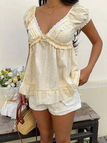 Women's Pink V-Neck Cute Sweet Lace Patchwork Short Sleeve Blouse, Suitable For Picnic, Home, Date, Vacation, Versatile - Hồng - Xem 6