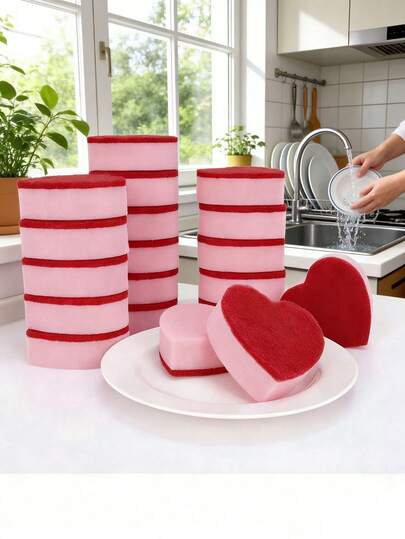 高品质双色清洁海绵套装，粉色心形设计，强力去污不伤厨具，厨房洗碗清洁工具