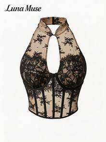 Áo ren cổ yếm khoét eo kiểu vintage mới của Luna Muse dành cho nữ mùa xuân/hè, áo corset ôm sát kiểu cung đình, áo tank top crop gợi cảm, thanh lịch cao cấp, phù hợp cho mặc hàng ngày, dạo phố, dự tiệc, du lịch, hẹn hò, biểu diễn, lễ hội âm nhạc, Ngày Valentine, Ngày của Mẹ. - màu đen - Xem 6