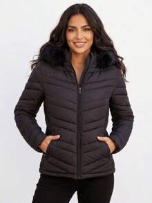 Women's Puffer Jacket With Faux Fur Lining, Comfortable - Black - View 1