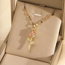 1pc Fashionable Romantic Pink Rose Pendant Necklace, Gift For Women - Multicolor - View 3