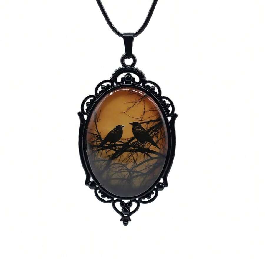 Gothic Raven Pendant Necklace, Victorian Style Black Frame, Amber Background, 45+5cm Chain - CHÚNG TÔI - Xem 1