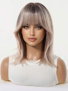14 Inch Rooted Ombre Ash Blonde Bob Wig For Women With Air Bangs Shoulder Length Straight Heat Resistant Synthetic Wig Natural Looking For Cosplay Party Daily Use - Multicolor - View 4