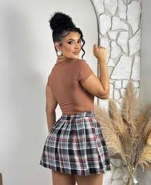 Plaid Skirt For June Festival, Schoolgirl Style, Printed, Round, Women's Adult, Fashion Blogger Style - 灰色和紅色 - 查看 5