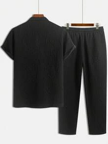 GOLDREDY 男士休闲时尚套装，纯色针织短袖上衣搭配撞色长裤，高级织唛，时尚两件套 - 黑色 - 查看 5