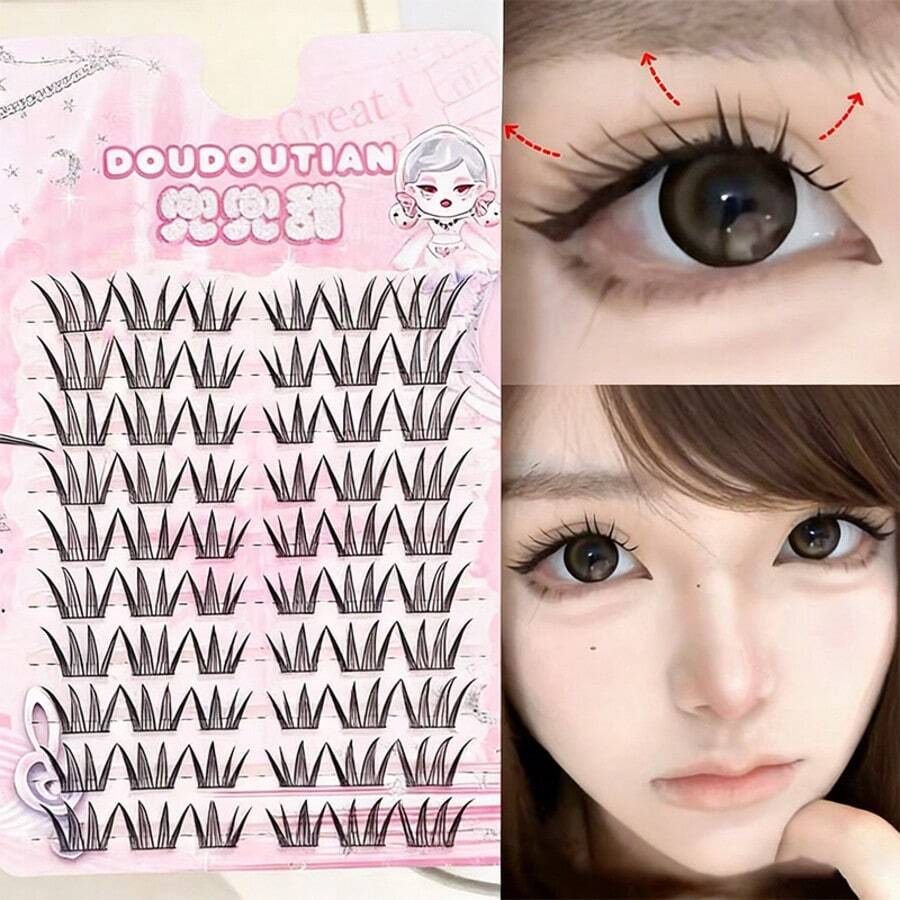 DOUDOUTIAN 60 Clusters Swallow Style Manga Upper Eyelashes Segmented Curly Natural Eye Lifting Reusable Easy Wear For Novices Daily Commute Makeup - C - View 1