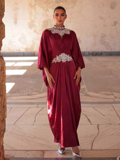 Faeriesty Abaya Elegant Women's Formal Evening Gown, Featuring A Stand Collar And Dramatic Batwing Sleeves, Ideal For Grand Galas, Wedding Guests, Formal Dinners, Red Carpet Events, And Formal Soirees.