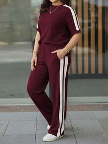 Women's Spring/Summer Outfit, Round Neck Contrast Stripe Short Sleeve T-Shirt Paired With Elastic Waist Loose Pants, Casual 2 Pieces Set Elegant - Burgundy - View 2