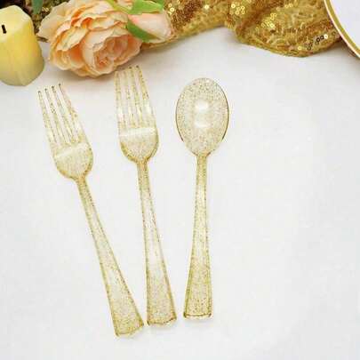 Bộ dao nĩa/muỗng mạ vàng sang trọng 50/25 món - Bao gồm 50 nĩa & 50 thìa - Bộ dao nĩa/muỗng tái sử dụng cho tiệc tùng, ngày lễ, trang trí Giáng sinh, bữa tối, đám cưới, nhà bếp & Ngày Valentine