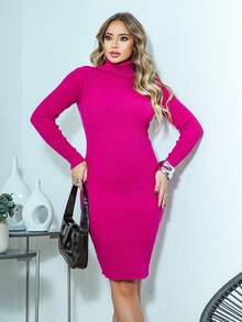 Women's Ribbed Knit Dress, Fitted, Long Sleeves, High Neck - Mother's Day Gift - Hot Pink - View 1