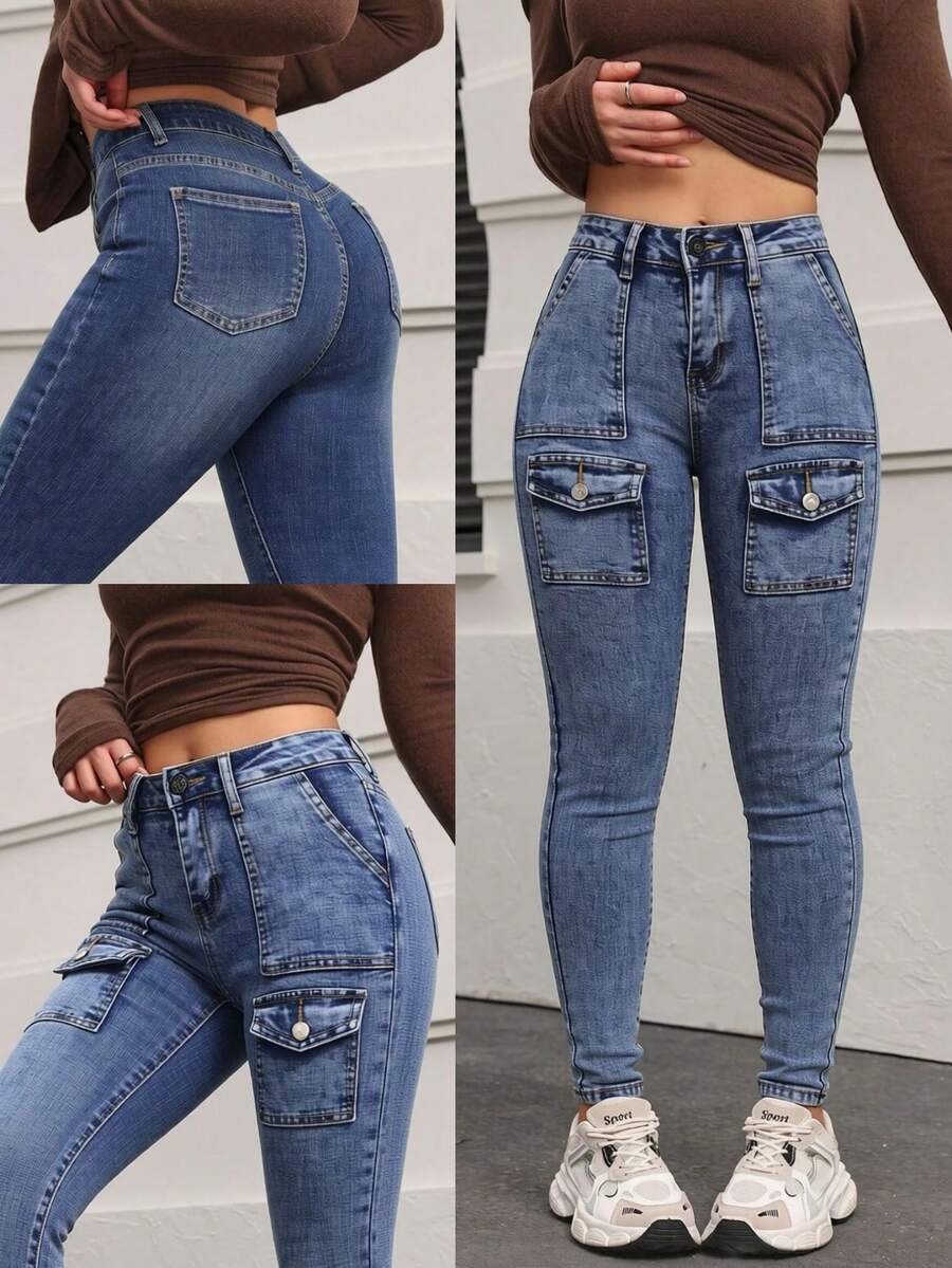 Skinny Cargo Jeans, Washed, Stretchy, With Multiple Buttoned Pockets, Butt-Lifting Effect, Tummy Control And Fitted Cuffs - Medium-deep Water Washing Blue - View 1