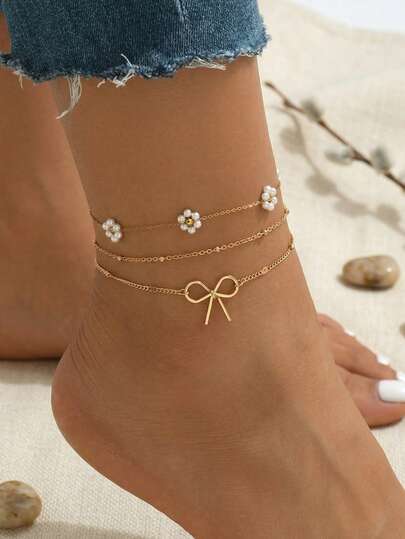 2pcs/Set Summer Vacation Stainless Steel Flower Gold Anklet With Cute Bow Pendant, Sweet Jewelry Set For Women, Suitable For Daily Wear, Matching, Dating, And Photoshoot