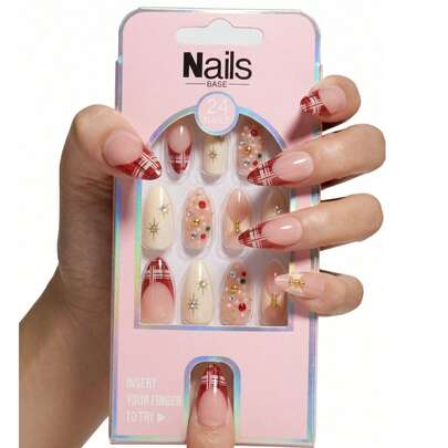 24片/套 多色打孔ABS美甲贴片，杏仁渐变极简果冻指甲油套装，搭配1片果冻和1个指甲锉，美甲贴片，美甲用品，适合派对和母亲节礼物