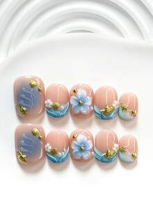 Bộ dụng cụ làm móng tay thủ công kiểu Pháp nhẹ nhàng 10 món, bao gồm bộ dụng cụ làm móng Polygel, họa tiết hoa 5 cánh chuyển màu, vỏ sò vàng, sò điệp, sao biển, hoa trà trắng, nghệ thuật vẽ sóng nước màu trơn, thiết kế dập móng chuyển màu xanh dương, sơn móng tay màu xanh dương. - Nhiều màu - Xem 14