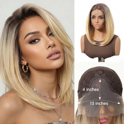 TOPSHE 13*4 高清蕾丝假发，12 英寸渐变色优雅短款波波头直发假发，女士款，合成耐热材质，中分蕾丝前额假发，配有弹性网帽，耐高温，适合日常、派对、角色扮演、旅行等场合。