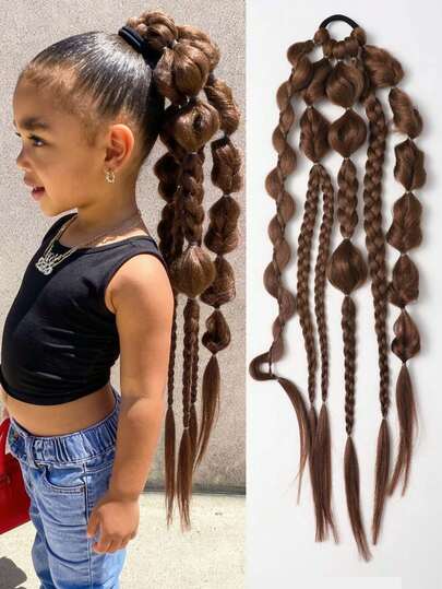 Tóc giả đuôi ngựa dài 24 inch, kiểu ombre, phồng, tết bong bóng, có dây chun, dành cho bé gái và trẻ em (1 chiếc).