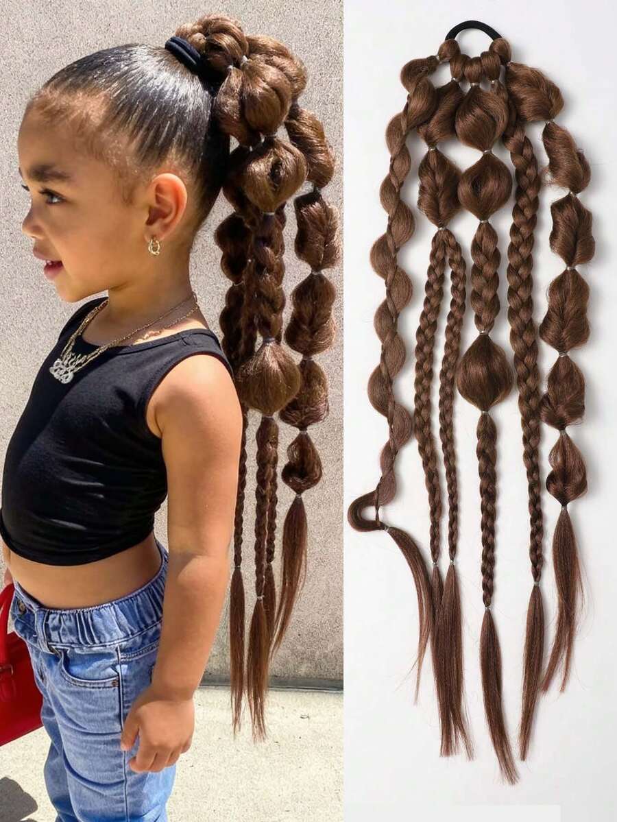 Tóc giả đuôi ngựa dài 24 inch, kiểu ombre, phồng, tết bong bóng, có dây chun, dành cho bé gái và trẻ em (1 chiếc).