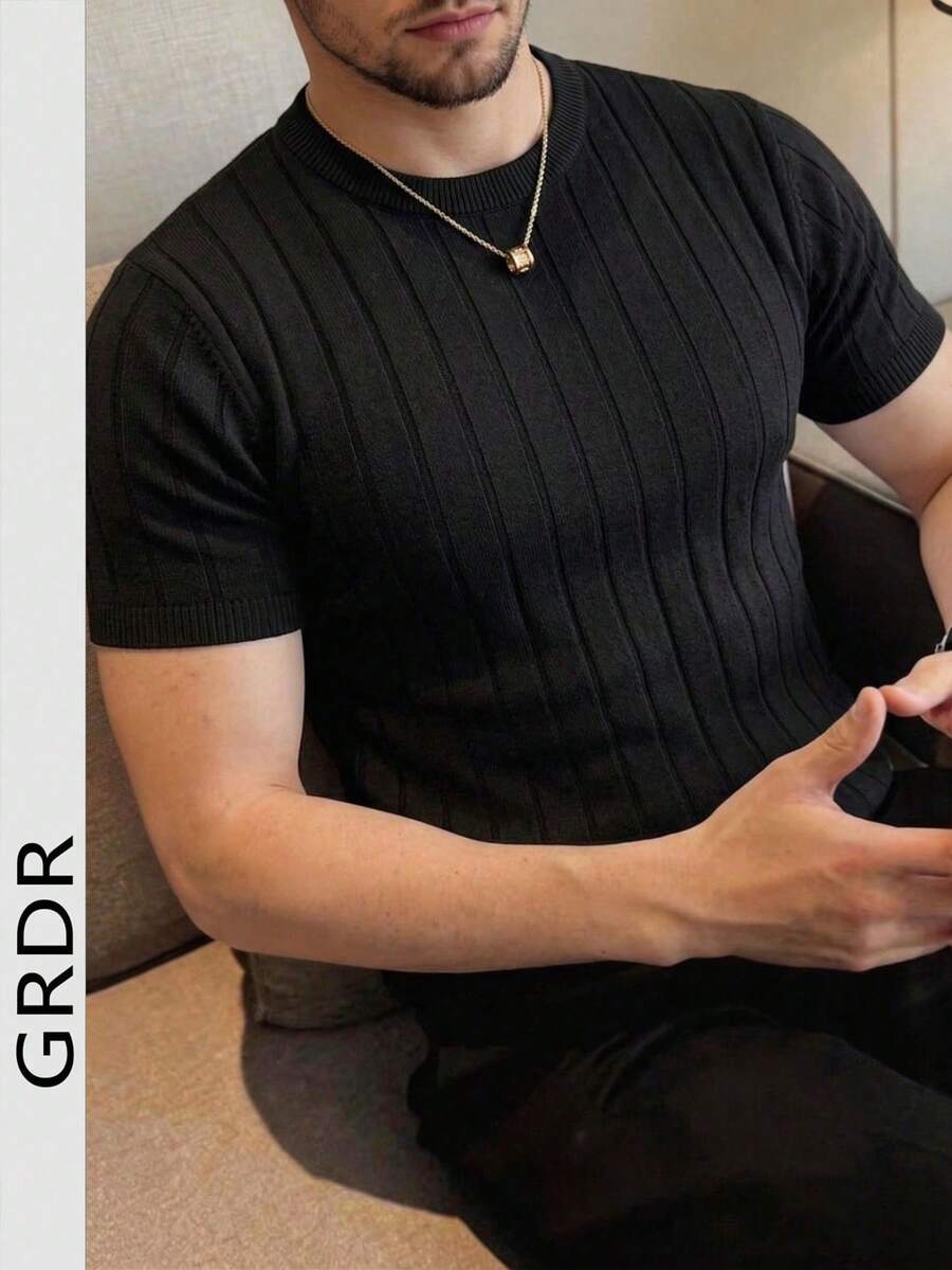 GRDR 男士夏季圆领罗纹针织短袖T恤，户外休闲装 - 黑色 - 查看 1