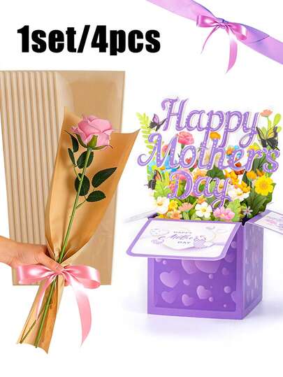 1/3/4件套母亲节鲜花礼盒 - 内含逼真的仿真玫瑰花束、3D立体母亲节贺卡、牛皮纸花包装袋和丝带。3D立体花束礼盒，紫色花束礼盒；花瓣柔软，枝条内置铁丝，可自由造型。