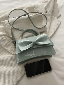 Solid Color Pleated Edge Handbag, Flap Crossbody Bag With Bow Decor For Women - Green - View 9
