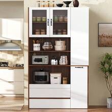 Armoire haute – Rangement modulable, étagères coulissantes, verre strié, adapté au salon, à la salle à manger et à la cuisine - Blanc + Noyer + MDF - Voir 12