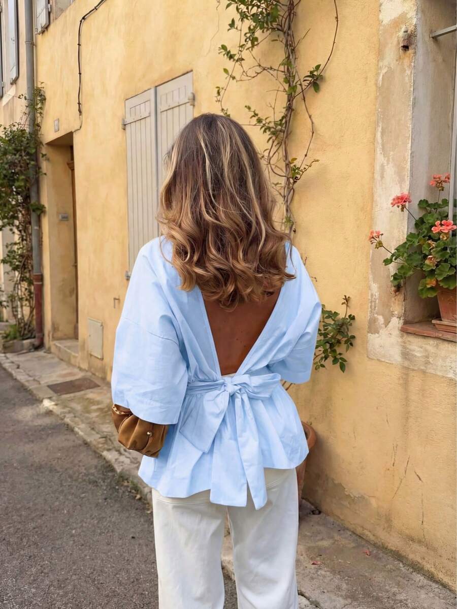 Glamful Cute Casual Solid Color Knot Ruffle Waist Belt Lightweight Blouse For Women, Vacation College Style - Blue - View 1