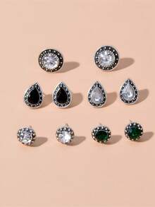 Bộ 5 đôi bông tai đính đá quý hình học đính kim cương toàn phần thời trang. - Bạc - Xem 3