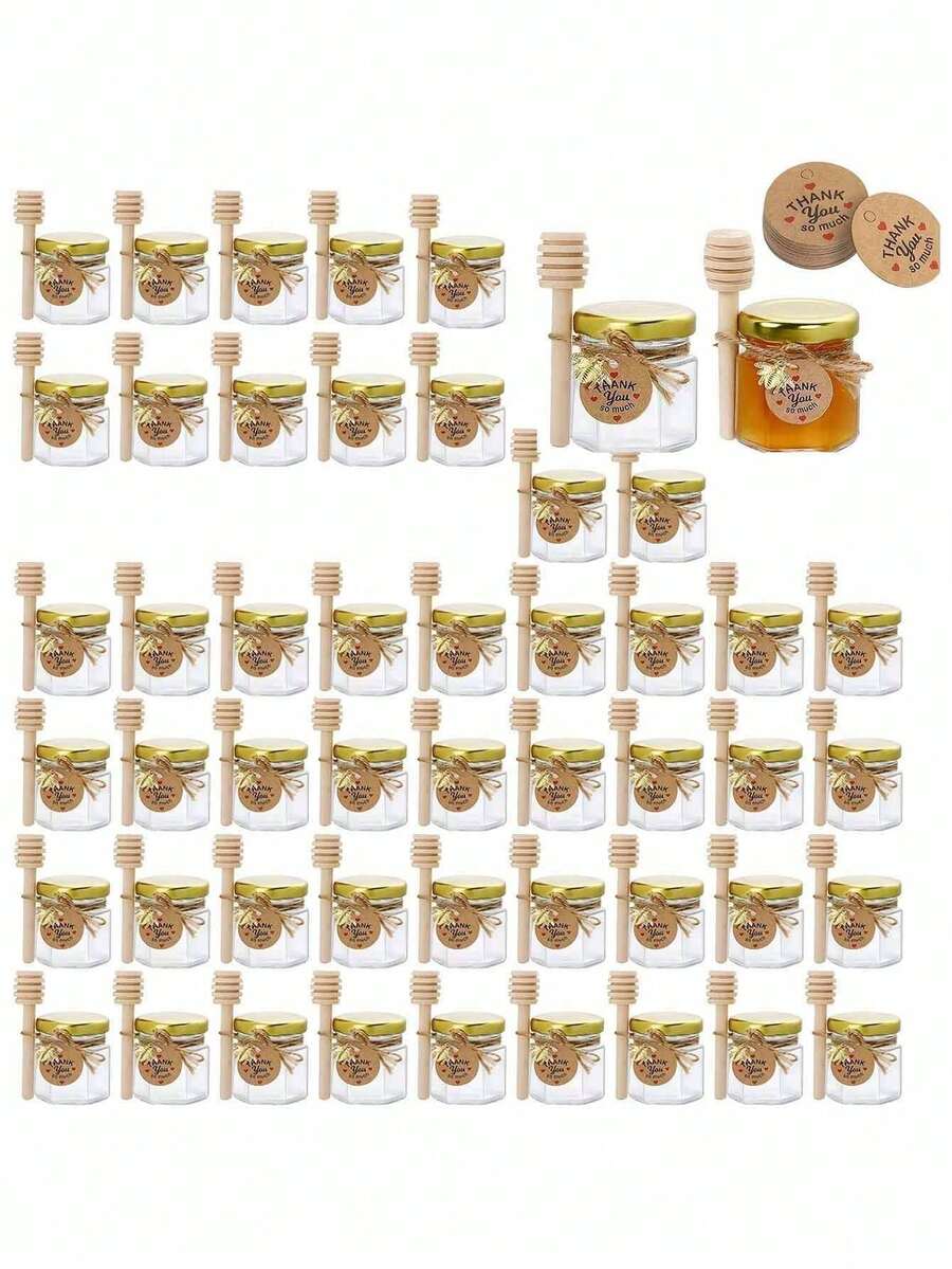 10pcs Mini Hexagon Glass Honey Jars, 1.5oz Small Hexagon Glass Honey Pots With Spoon, Bee Pendant, Thank You Card - Honey Jars With Gold Lids, Suitable For Baby Shower Gifts, Wedding And Party Favors, Glass Storage Jars With Lids, Gold Lids, Pendants And Jute Ropes, Ideal For Bridal Shower, Wedding Gifts, Bride Shower - Multicolor - View 1