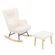Set Sedia a Dondolo in Tessuto Teddy Bianco con Poggiatesta, Tasca Laterale e Poggiapiedi, Poltrona Relax Moderna - Bianco - Visualizzare 9