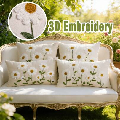 1件夏季雏菊刺绣抱枕套，柔软舒适的雪尼尔面料，通用室内/室外枕套，是家居沙发装饰枕的理想之选，也适用于卧室、椅子、汽车等场所，不含枕芯。
