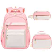 3pcs/Set Girls' Colorblock Student Backpack (With Lunch Bag And Pencil Case), 15.6" Laptop Bag, Polyester Fabric, Large Capacity Lightweight Zipper Closure Minimalist Backpack For School, Commute, Travel And Daily Use - A - View 16
