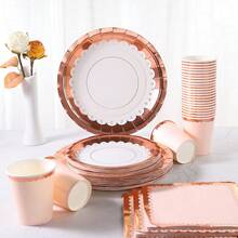 Juego de vajilla desechable con borde floral en color oro rosa, que incluye platos de papel de 7/9 pulgadas, vasos de papel, servilletas de papel, adecuado para fiestas de cumpleaños, fiestas festivas, reuniones, celebraciones, meriendas de boda, ceremonias de graduación - Multicolor - Ver 3