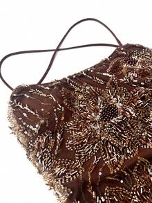 UNITHORSE [Cắt ngẫu nhiên] Đầm hở lưng đính sequin, dây spaghetti, thắt eo. - màu nâu - Xem 6