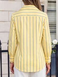 Camisas de vestir a rayas con botones para mujer, camisas casuales de manga larga con cuello, para oficina y trabajo, para primavera y verano - Amarillo - Ver 3