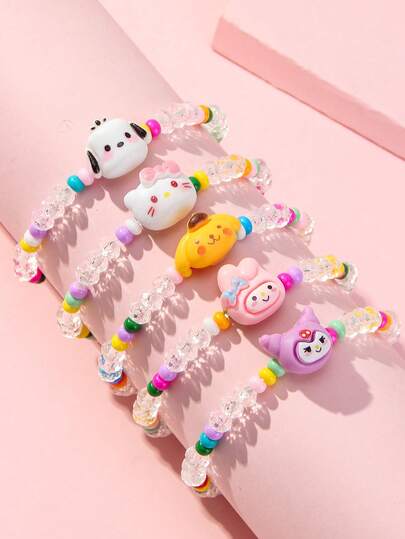 SANRIO 5件套女孩可爱小猫小狗吊坠串珠手链，适合节日派对、学校、生日礼物，颜色随机