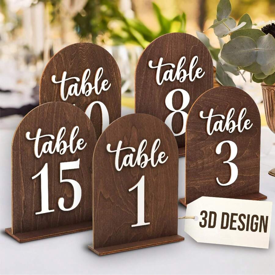 1-5/1-10/1-15 Plat Nomor Meja Pernikahan Bergaya Vintage dengan Penyangga - Plat Nomor Meja Resepsi Pernikahan Kayu, Plat Nomor Meja Lengkungan Pernikahan dengan Penyangga, Cocok untuk Pesta, Restoran, Dekorasi Pusat, Dekorasi Pernikahan & Pesta - View 1