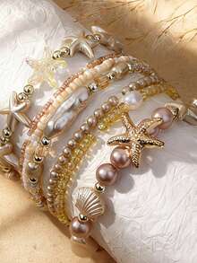 7pcs Beach Style Beaded Bracelet Set | Starfish, Shell, Beads, Unisex, Suitable For Daily Casual Wear And Summer Vacation - Multicolor - View 2